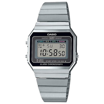 Ρολόι χρονογράφος  Casio Vintage A700WE-1AEF με ασημί ατσάλινο μπρασελέ, μαύρο καντράν σε τετράγωνο σχημα με ψηφιακή ένδειξη και στεγανότητα 3ATM-30Μ.